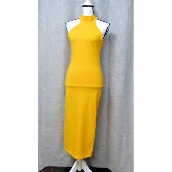 Monrow Mock Neck Side Slit Halter Dress, Bright Yellow, Small - Picture 1 of 12